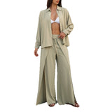Dili 2025 Spring And Summer Leisure Holiday Wind Solid Shirt Broad Leg Trousers Women's Clothing 2 Sets
