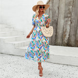 Dili Dress Women's Dress 2025 Spring And Summer Holiday Printing Waist V Neck Chiffon Short Sleeve Dress