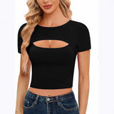 2025 Summer New Round Neck Casual Sexy Solid-Colored Bare-Necked Women's Short-Sleeved T-Shirt