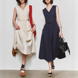 New British Old Money Fake Two Simple Commuting V-Neck Sleeveless High-Waist-Blend Dress