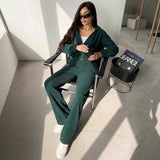 2025 New Ladies Casual Suit Solid Color Long Sleeve Hooded Cardigans Tight Waist Wide Leg Trousers 68HZ