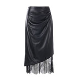 Temperament Sexy Lace Splicing Leather Skirt Design French Fashion Half-Body Hip Skirt