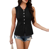 Dili 2025 Spring And Summer Leisure Holiday Style Button-And-Kil Roll Solid Color Sleeveless Top-Suit Woman