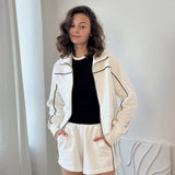 Casual Set Long Sleeve Zipper Collar Top Loose Shorts Striped Two-Piece Set 68HZ