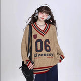 Vintage V-Neck Hooded Sweater Women's Autumn And Winter Languid Style Design Loose Thin Bump Knitted Shirt Top 68HZ