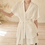 Imitation Cotton Hemp Texture Is Not Easy To Wrinkle Without Iron Heavy Industry Nail Beads V Tie Belt Short-Sleeved Shirt Coat + Shorts Set Summer