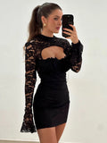 New Fashion Solid-Colored Hollow Lace Elastic Body Low-Collar Sexy Ass Skirt Dress Dress Woman