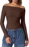 2025 New Women's Shoulder-To-Shoulder Solid-Colored Wrinkles One-Word Long-Sleeved Sexy Top