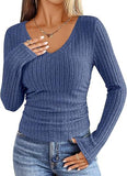 2026 New Female Pure Color V-Neck Fashion Long-Sleeved Pitted Haired Women's T-Shirt