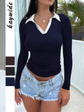 Dili Leisure Vacation Splicing Long-Sleeved Pure Color Shirt T-Shirt Women's Clothing 2025 Autumn And Winter