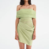 Women's Clothing 2025 Summer New Sexy Shoulder Mesh Splicing Body Folding Short Dress Woman