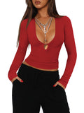 Y2K Dress Wearing Hollow Deep V-Neck Long Sleeves Shoulder T-Shirt Women's Tight Waist Design Top