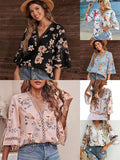 2025 Southeast Asian Summer New Loose V-Neck Temperament Commuter Horn Lace Jersey Chiffon