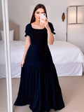 2025 Hot Sales Commuting Solid Color Collar To Pick Up The Stitched Long Dress Dress