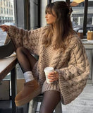 Ins Burst Knitted Jersey Women's Casual Lazy Collar Solid Color Loose Sleeve Sweater 68HZ