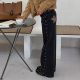 Leopard Print Five-Pointed Star Deconstruction Jeans Women Y2k High Street Design Rivet Straight Trousers 68HZ