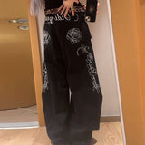 High Street Babes Letter Flowers Embroidered Scissor Jeans Women Y2k Loose High-Waisted Broad-Legged Trousers 68HZ