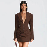 Women's Clothing 2025 Autumn And Winter New Solid Color Slim Slim V To Receive Waist Thin Temperament Suit Dress