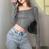 Autumn 2025 New Women's Solid Color Empathic Umbilical Fashion Irregular Slanted Shoulder Long-Sleeved T-Shirt 68HZ