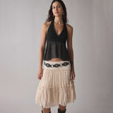 2026 New Hot Lace Lace Top Women Summer Folded Lotus Leaves Side Umbilical Umbilical Sweet Spicy Wind Short Hanging Neck Vest