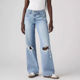 New Knee-Breaking Jeans Women's Light-Colored Water-Washing Casual Straight Pants Loose-Fitting Long Pants 68HZ
