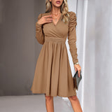 Dili 2025 Autumn And Winter Women's Temperament Elegant And Clean Color V-Neck Long-Sleeved Dress