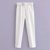 New Casual Pants Slender Slim Slim Belt Decorated Solid Color Straight Sue Nine-Point Pants
