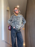 New Niche Print Casual Languid Knitted Collar Zip Open-Sleeved Sweater