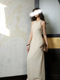 Spring And Summer New Elastic Bright Silk Tug Round Neck Cut Shoulder Slim Slim Temperament Waist Dress