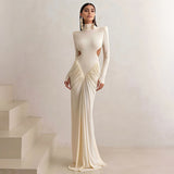 New Women's Clothing In The Autumn Of 2025, Pure-Color Long-Sleeved High-Collar Temperament Folds And Back Dresses