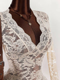 New Women's Vintage Babes Hollow Lace V-Neck Waist Thin Perspective Holiday Dress