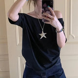 INS New Word Shoulder-To-Shoulder Solid Color T-Shirt Girl Y2k Hottie Lazy Wind Loose Casual Top 68HZ