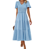 Dili Women's Dress 2025 Spring And Summer Temperament Casual Play Marsley Wave Point V Collar Short-Sleeved Dress