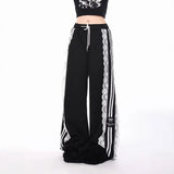 Y2K Vintage Striped Loose Swear Japanese Harajuku Lace Lace Ribbon Han Version Of Street Straight Trousers 68HZ