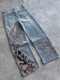 Heavy Industry Flower Embroidered Jeans Men And Women's Y2k High Street Fashion Street Straight Trousers 68HZ