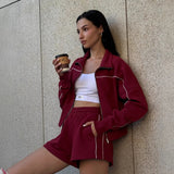 Casual Set Long Sleeve Zipper Collar Top Loose Shorts Striped Two-Piece Set 68HZ