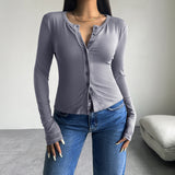 Dili 2025 Autumn/Winter Top Women's Y2K Solid Color Repair Cardigan Button Long-Sleeved T-Shirt