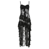 2025 Summer New Women's Pure Color Repair Height Waist Fashion Sling Ribbon Lace Dress 68HZ