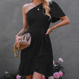 Dress 2025 Spring Solid Color Unilateral Sleeves And Shoulder Side Solid Color High-Waisted Oblique Shoulder Mid-Slope Shoulder Skirt