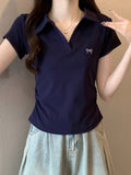 Rolling Polo Collar V-Neck Shoulder Short-Sleeved T-Shirt Girl 2025 Summer New Slim Short Solid Color Coat Tide