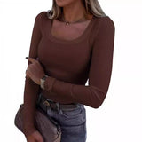 New Explosion Thread Pit Strips Long-Sleeved Sexy U-Neck Casual Women's T-Shirt