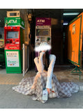 Summer New Korean Tulle Dress Irregular Long Long-Term Half-Tight Waist Print Lattice Half-Dress