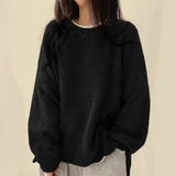 Casual Pure Color Open Fork Knitted Knitted Women Loose Long-Sleeved Round Sweater Autumn And Winter New 68HZ