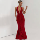2025 Sexy Deep V-Dex-Back Hip Dress New Folded Tuxedo Fishtail Dress