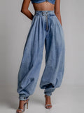 Blue Zipper Jeans Women's Loose Casual Retro Balloon Pants High Waist Bouquet Lantern Pants 68HZ