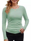 2025 Women's Women's Ribs Cotton Fabric Basic Round Neck Solid Color Long-Sleeved T-Shirt Repair