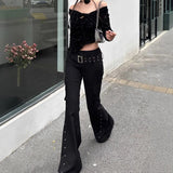 Vintage Rivets Trousers Women Y2K High Street Design Hottie Low-Rise Thighs Trousers 68HZ
