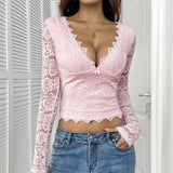 Dili 2025 Spring/Summer Y2K Sexy Deep V Hollow Sweet And Spicy Lace Lace Coat Women's Clothing