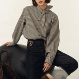 Shirt Tie Design French Retro Thousand Bird Lattice Loose Casual Fashion Plaid Shirt Woman