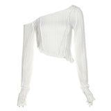 Autumn 2025 New Women's Solid Color Empathic Umbilical Fashion Irregular Slanted Shoulder Long-Sleeved T-Shirt 68HZ